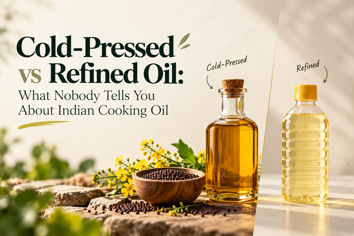 Cold-pressed vs refined oil comparison featuring two glass bottles of mustard oil, mustard seeds and yellow mustard flowers.
