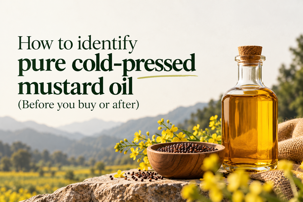 Pure cold-pressed mustard oil in a glass bottle with mustard seeds and yellow mustard flowers, illustrating how to identify authentic mustard oil.