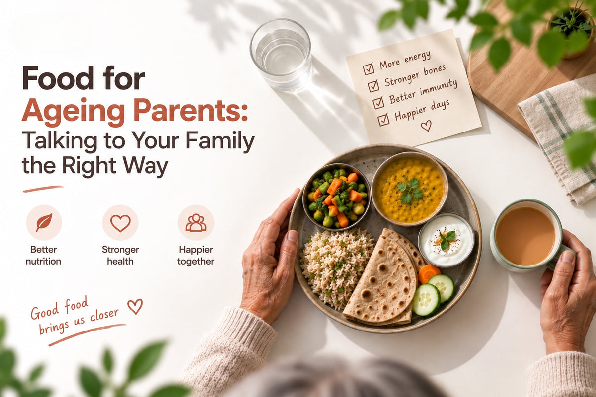 Overhead view of hands sharing a home-cooked Indian meal of dal, rice, and roti — food for ageing parents and family diet conversations