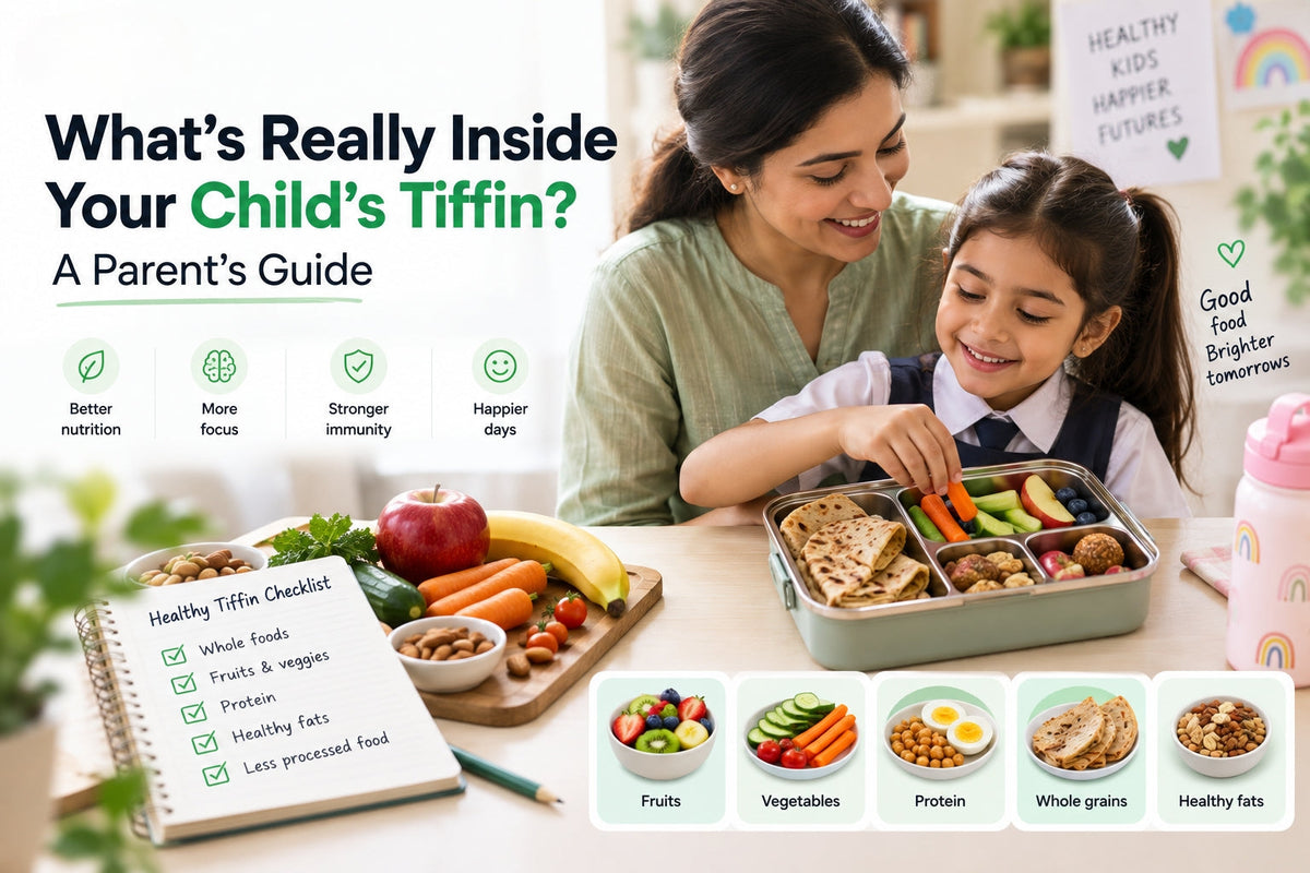 Open steel tiffin box packed with a healthy, safe Indian meal for a child's school lunch